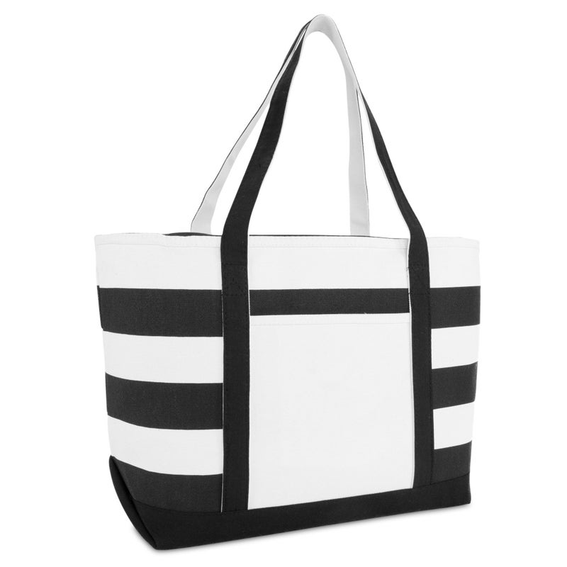 DALIX Striped Boat Bag Premium Cotton Canvas Tote in Black - Image 1